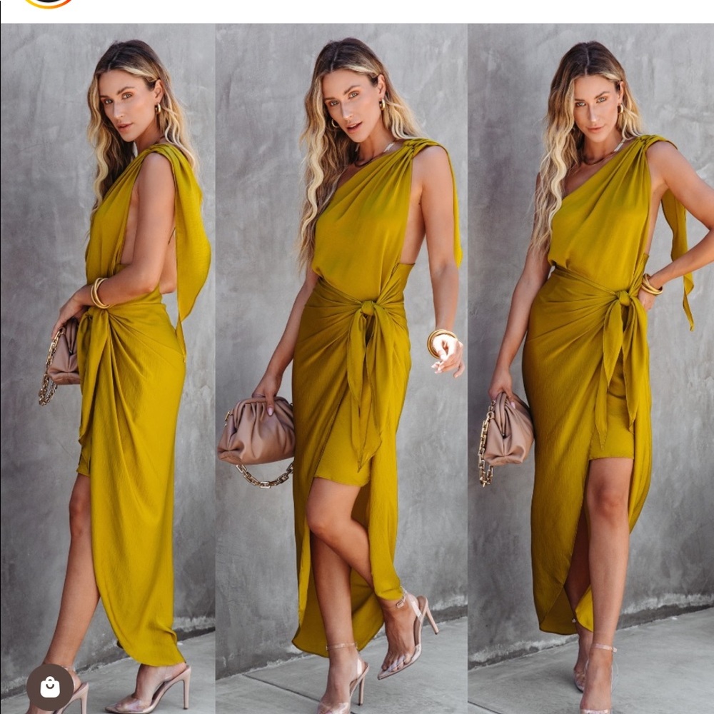 REMI FRONT TIE ONE SHOULDER MIDI DRESS - CHARTREUSE